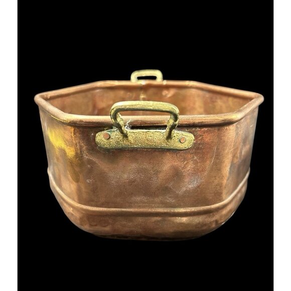 Copper Pot Planter Hexagon Handmade Pieced Seamed Rolled Edge Brass Handles 7x4 - Picture 1 of 10